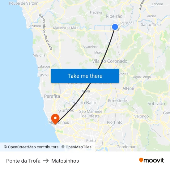 Ponte da Trofa to Matosinhos map