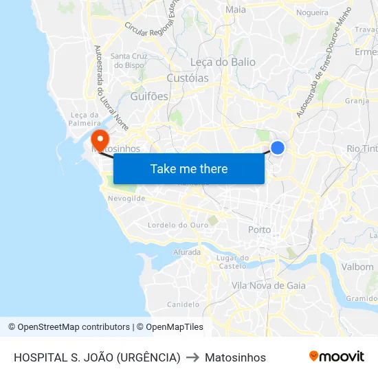 HOSPITAL S. JOÃO (URGÊNCIA) to Matosinhos map
