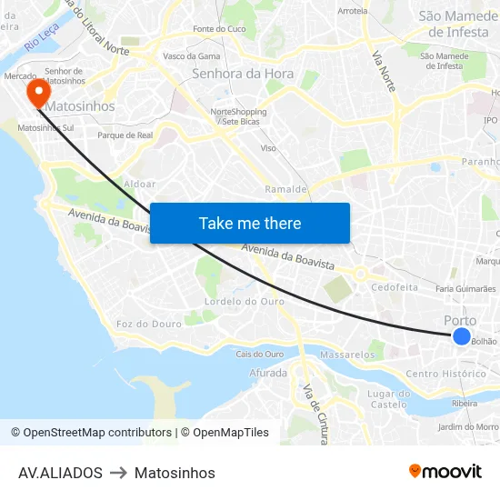 AV.ALIADOS to Matosinhos map
