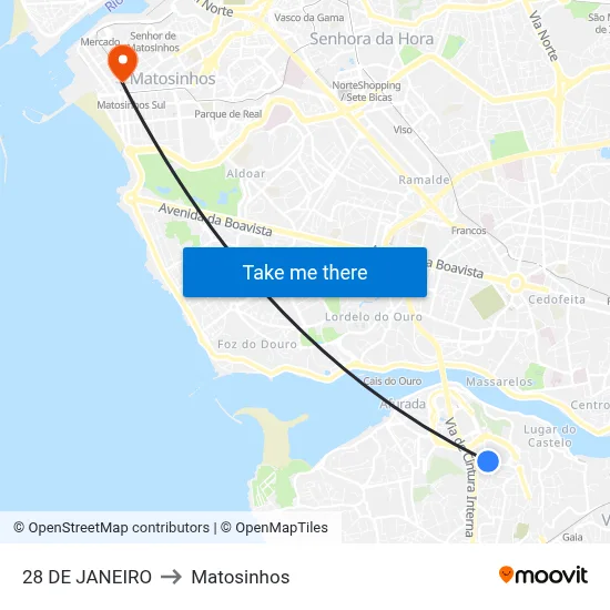 28 DE JANEIRO to Matosinhos map