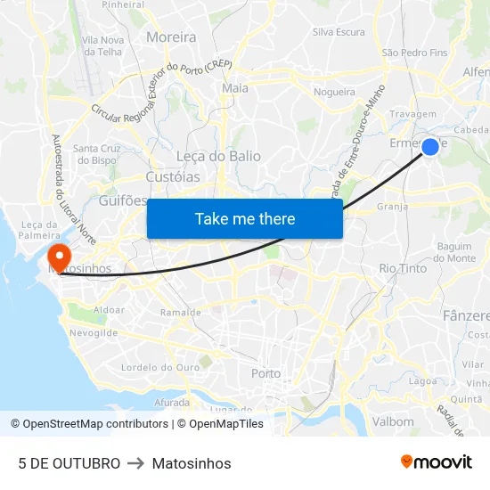 5 DE OUTUBRO to Matosinhos map