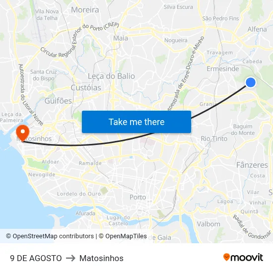 9 DE AGOSTO to Matosinhos map