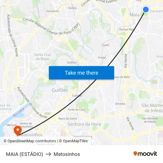 MAIA (ESTÁDIO) to Matosinhos map