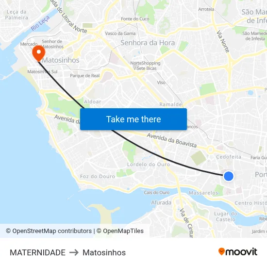 MATERNIDADE to Matosinhos map