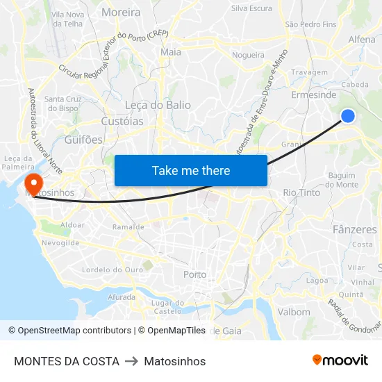 MONTES DA COSTA to Matosinhos map