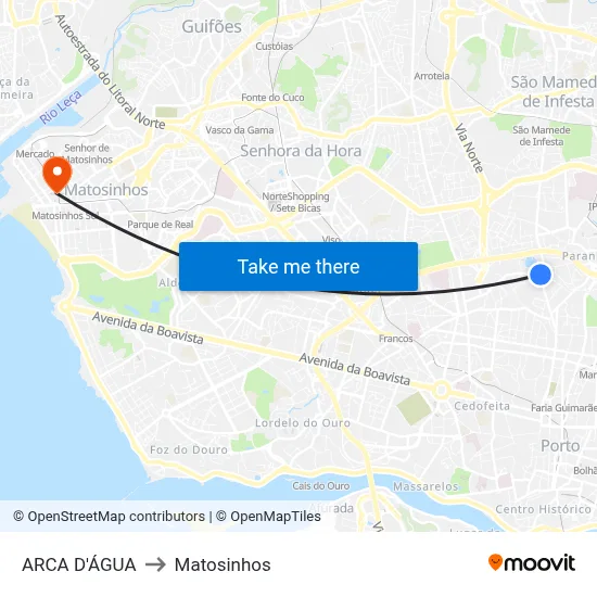 ARCA D'ÁGUA to Matosinhos map