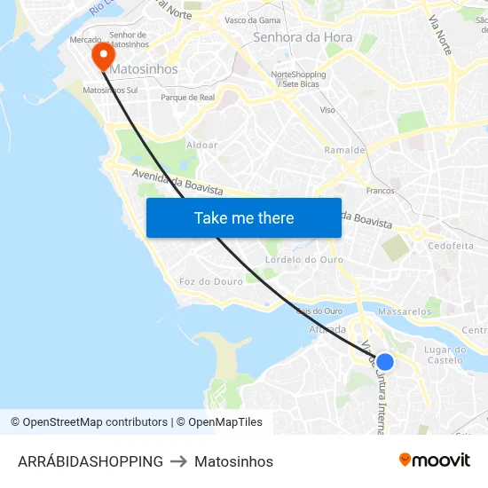 ARRÁBIDASHOPPING to Matosinhos map