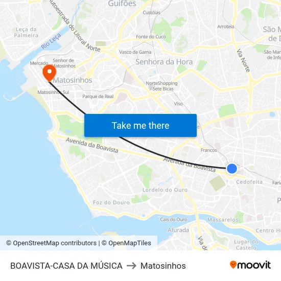 BOAVISTA-CASA DA MÚSICA to Matosinhos map