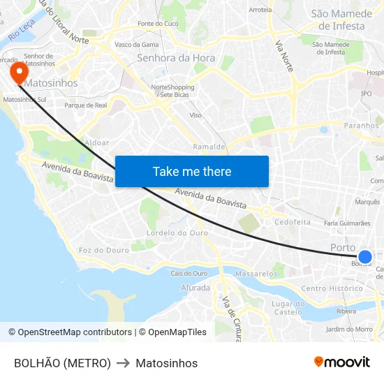 BOLHÃO (METRO) to Matosinhos map