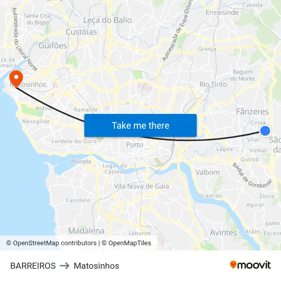 BARREIROS to Matosinhos map