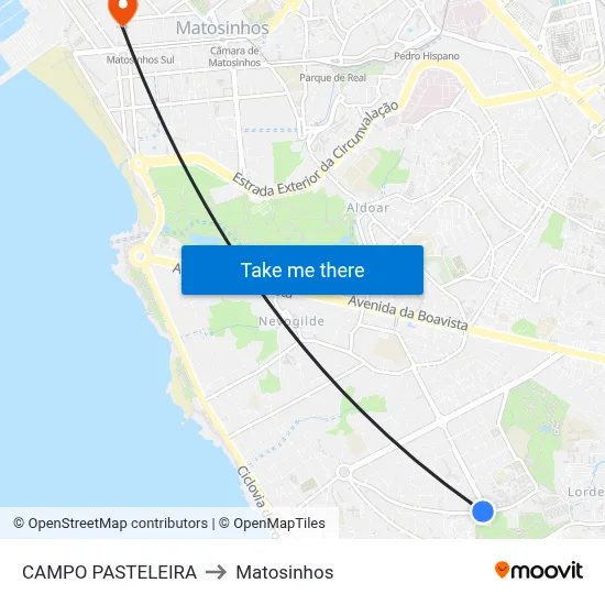 CAMPO PASTELEIRA to Matosinhos map