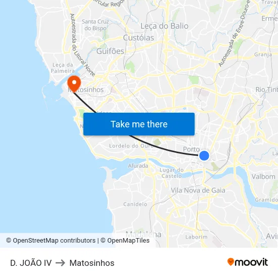 D. JOÃO IV to Matosinhos map
