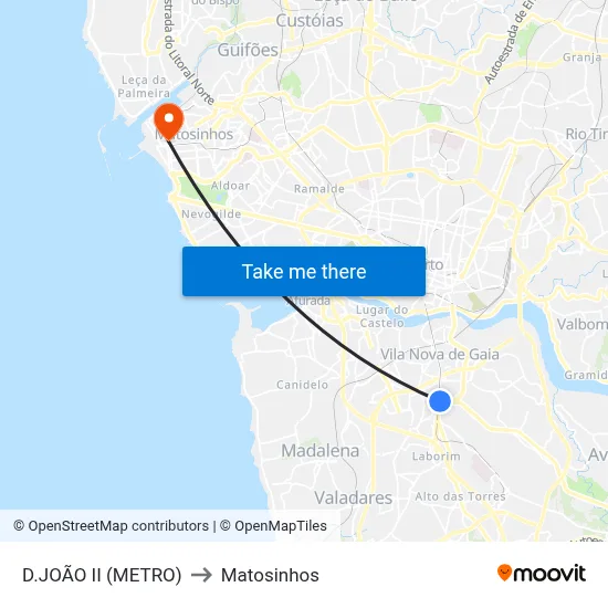 D.JOÃO II (METRO) to Matosinhos map
