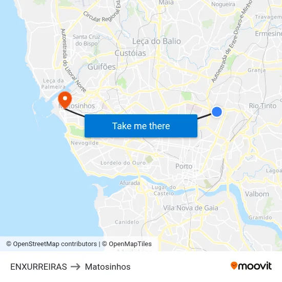 ENXURREIRAS to Matosinhos map