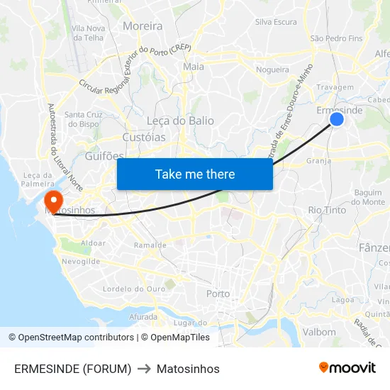 ERMESINDE (FORUM) to Matosinhos map