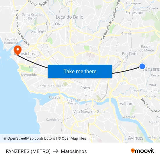 FÂNZERES (METRO) to Matosinhos map