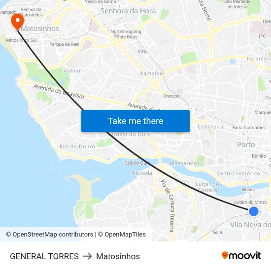 GENERAL TORRES to Matosinhos map