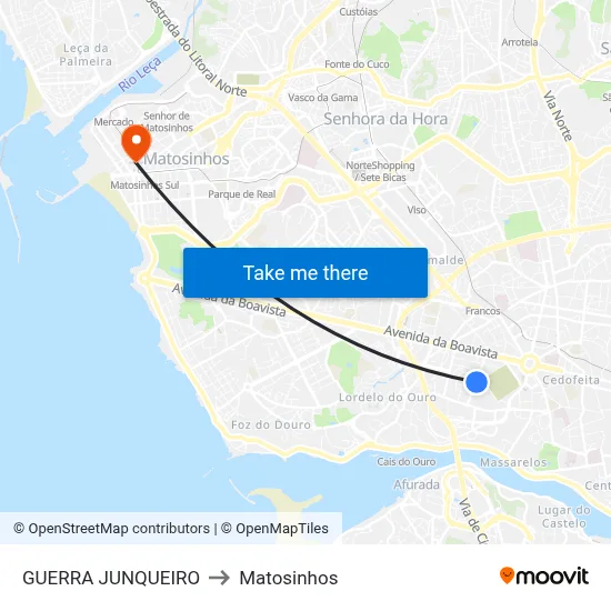 GUERRA JUNQUEIRO to Matosinhos map