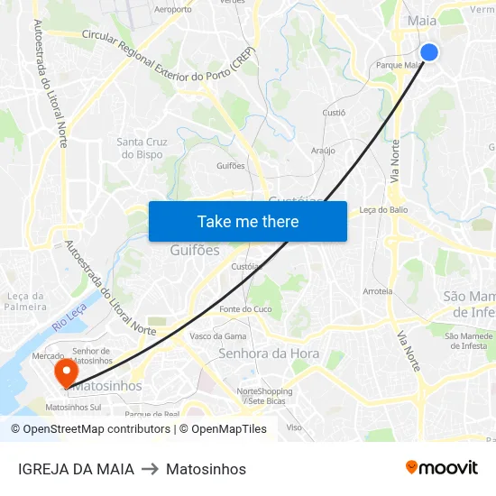 IGREJA DA MAIA to Matosinhos map