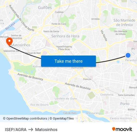 ISEP/AGRA to Matosinhos map