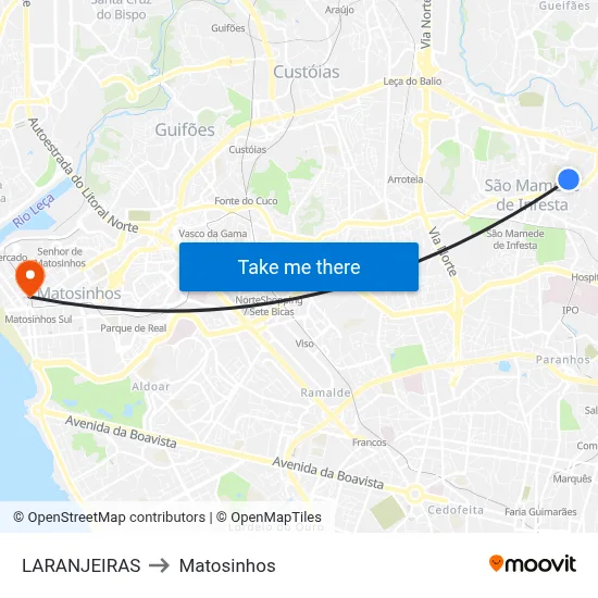 LARANJEIRAS to Matosinhos map