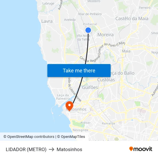LIDADOR (METRO) to Matosinhos map