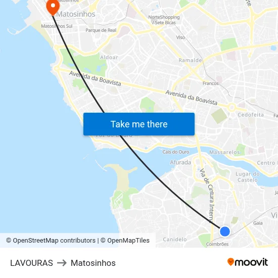 LAVOURAS to Matosinhos map