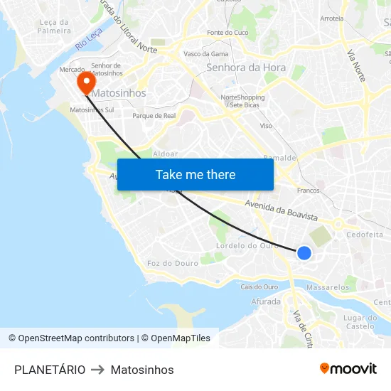 PLANETÁRIO to Matosinhos map