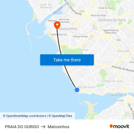 PRAIA DO OURIGO to Matosinhos map