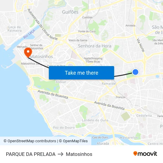 PARQUE DA PRELADA to Matosinhos map