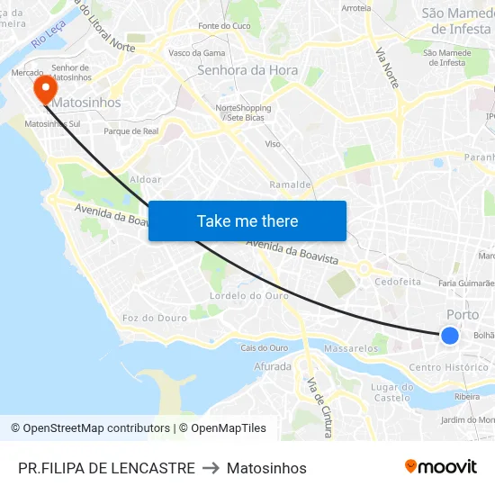 PR.FILIPA DE LENCASTRE to Matosinhos map