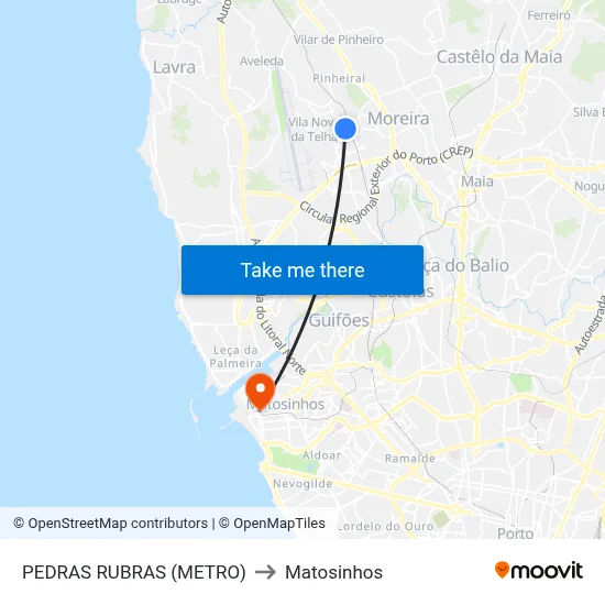 PEDRAS RUBRAS (METRO) to Matosinhos map