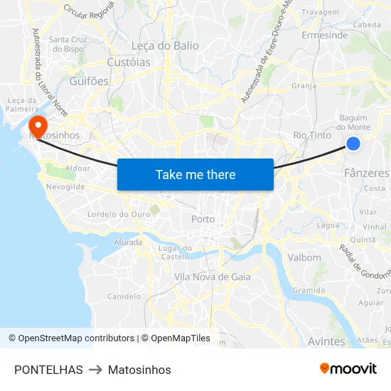 PONTELHAS to Matosinhos map