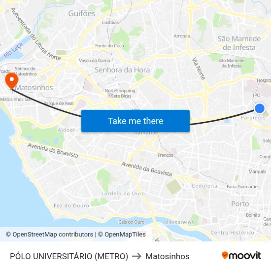 PÓLO UNIVERSITÁRIO (METRO) to Matosinhos map