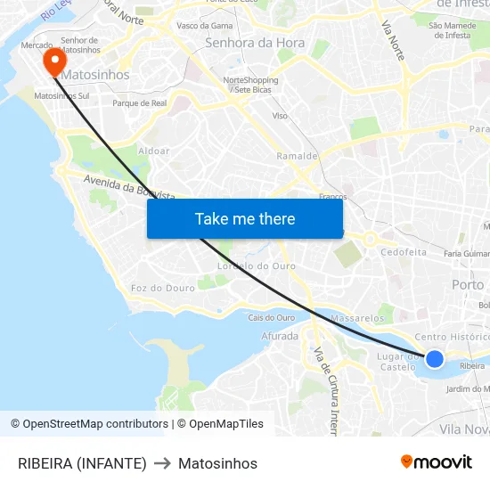 RIBEIRA (INFANTE) to Matosinhos map