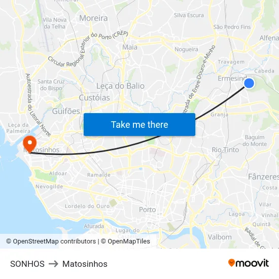 SONHOS to Matosinhos map