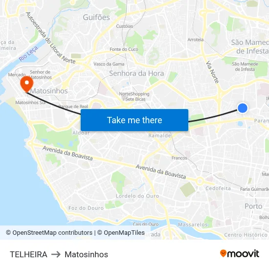 TELHEIRA to Matosinhos map