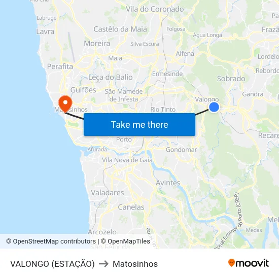 VALONGO (ESTAÇÃO) to Matosinhos map