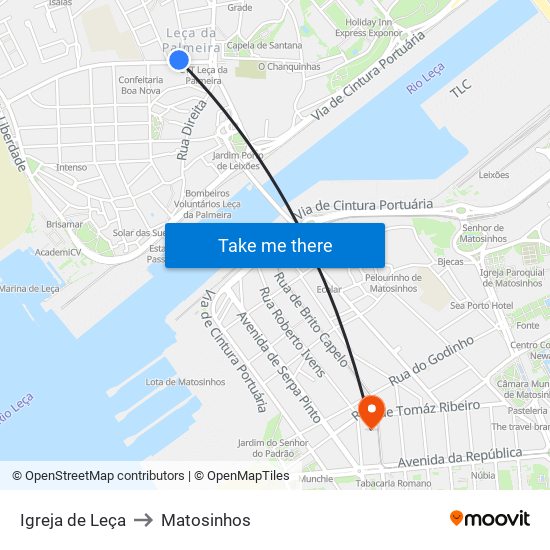 Igreja de Leça to Matosinhos map
