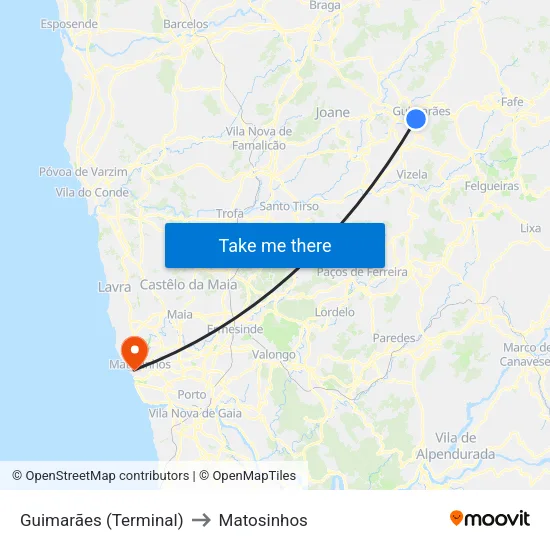 Guimarães (Terminal) to Matosinhos map