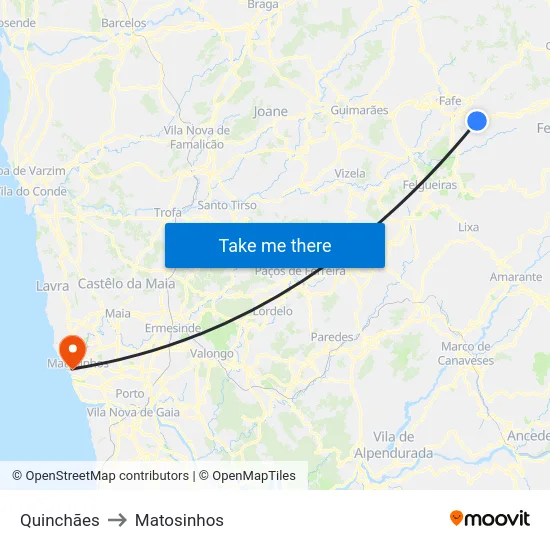 Quinchães to Matosinhos map
