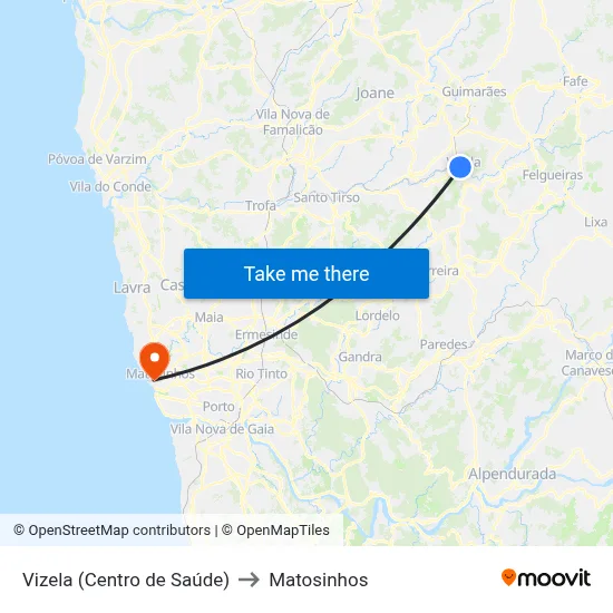 Vizela (Centro de Saúde) to Matosinhos map