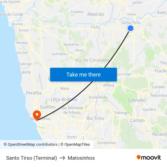 Santo Tirso (Terminal) to Matosinhos map