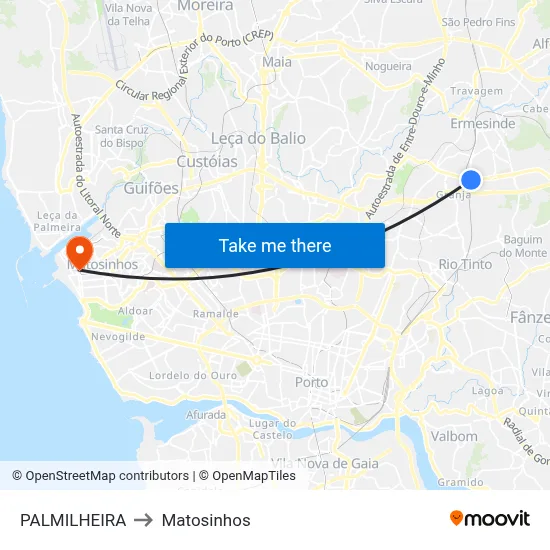 PALMILHEIRA to Matosinhos map