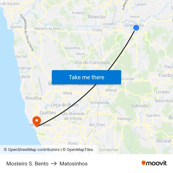 Mosteiro S. Bento to Matosinhos map