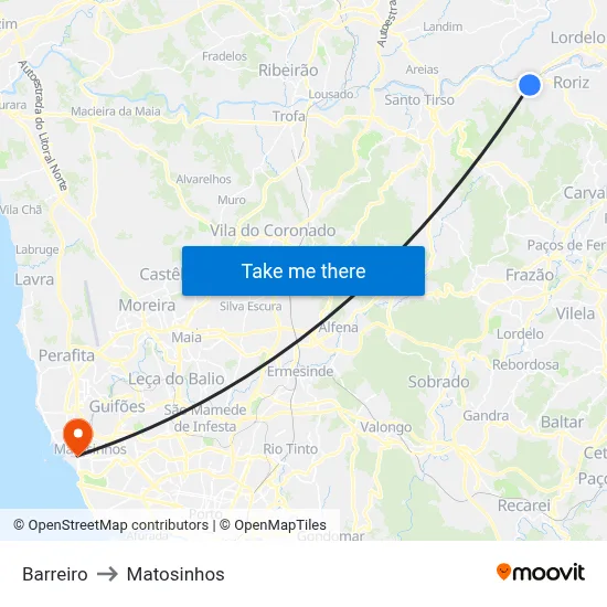 Barreiro to Matosinhos map