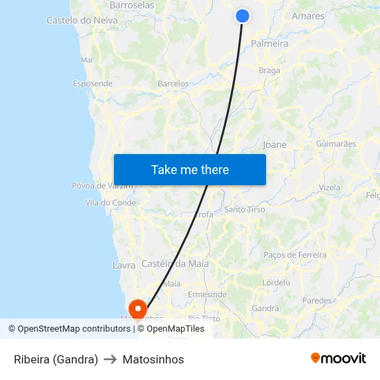 Ribeira (Gandra) to Matosinhos map