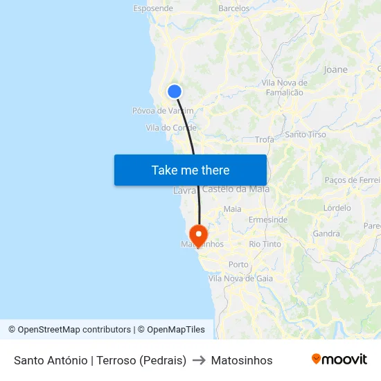 Santo António | Terroso (Pedrais) to Matosinhos map