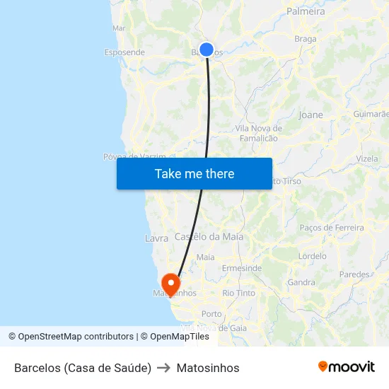 Barcelos (Casa de Saúde) to Matosinhos map
