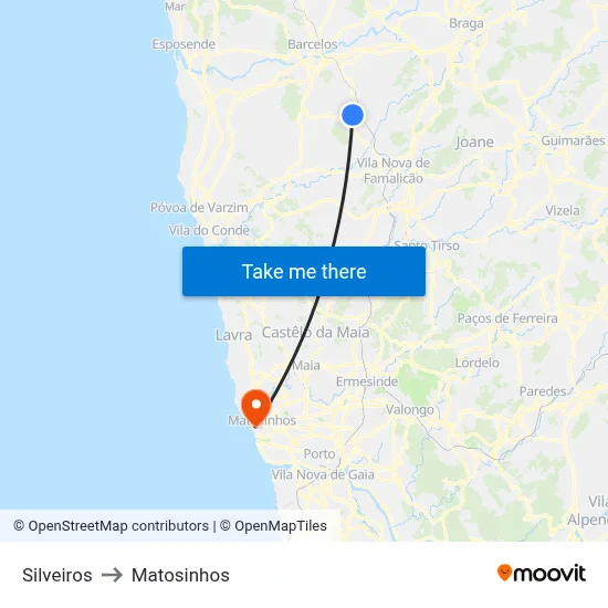 Silveiros to Matosinhos map